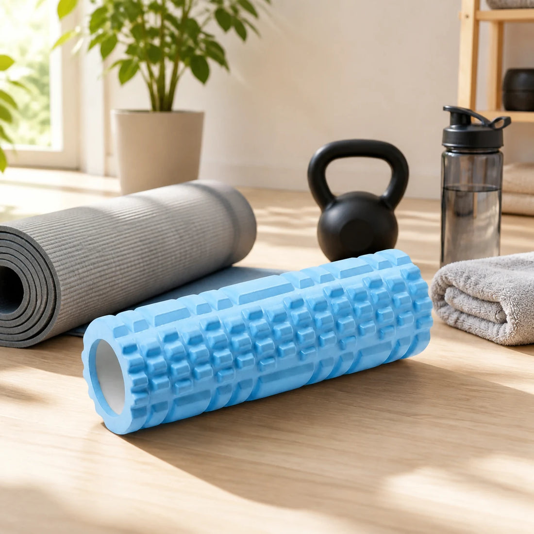 Blue textured fitness roller with home gym workout accessories