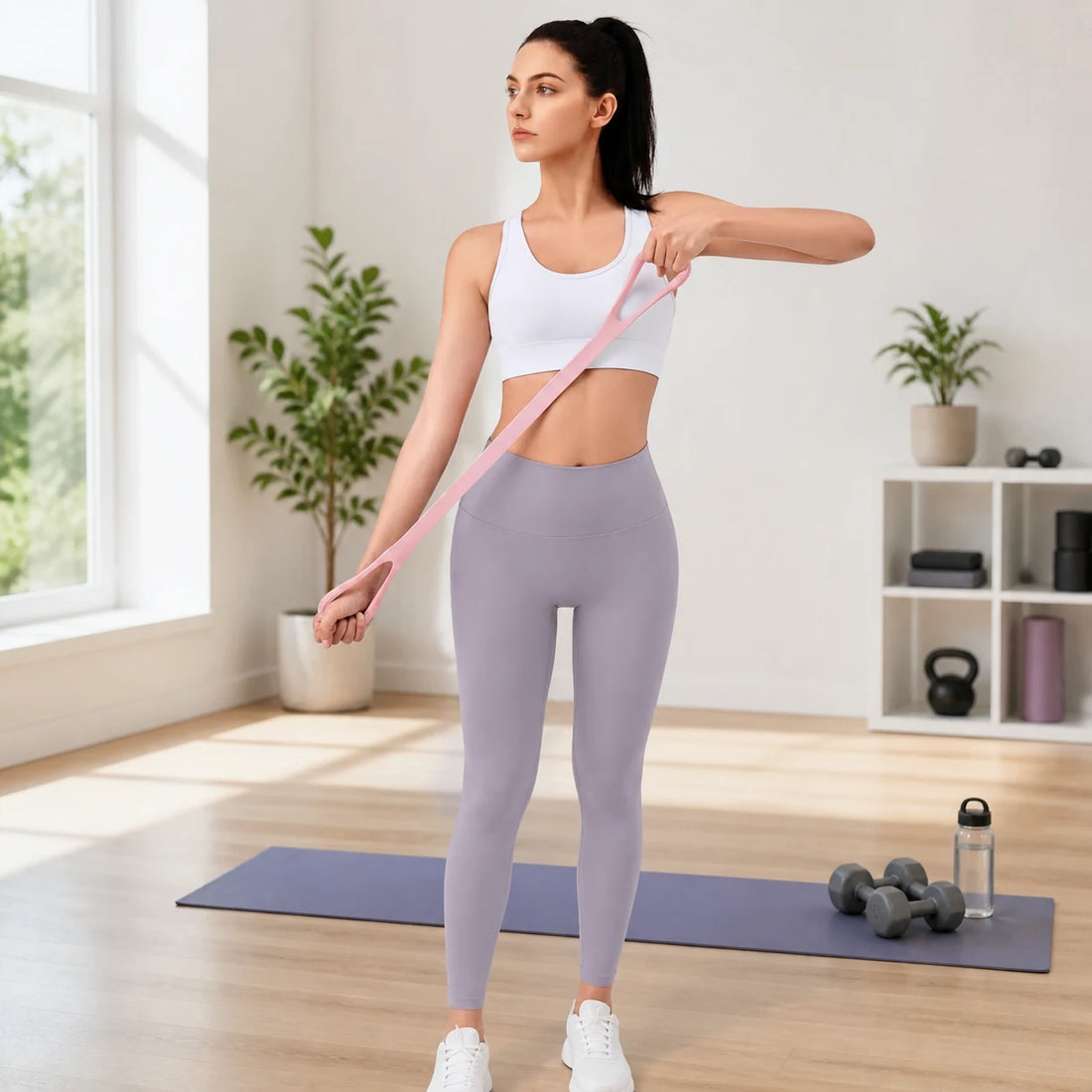 Pink silicone resistance band for home full body workouts