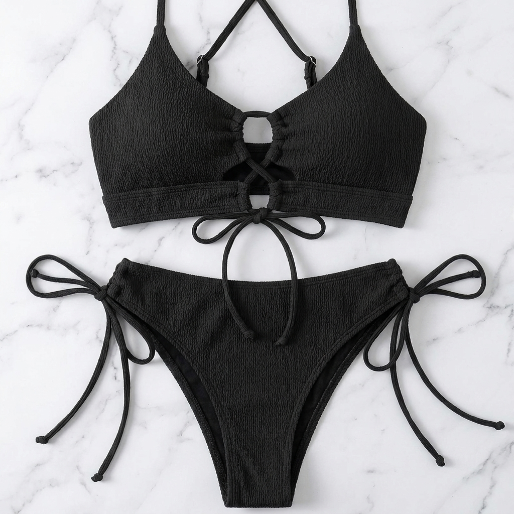 Color Block Lace-Up Bikini Set