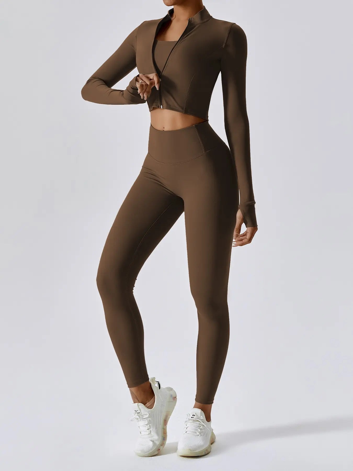 Flowelle 3-Piece Criss-Cross Activewear Set - Coffee Brown