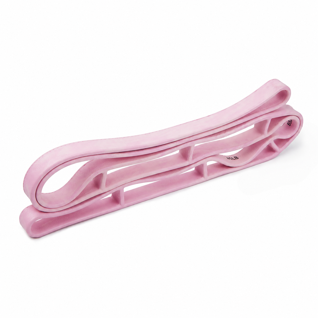 Two white adult fitness models demonstrating the pink Flowelle multi-grip resistance band