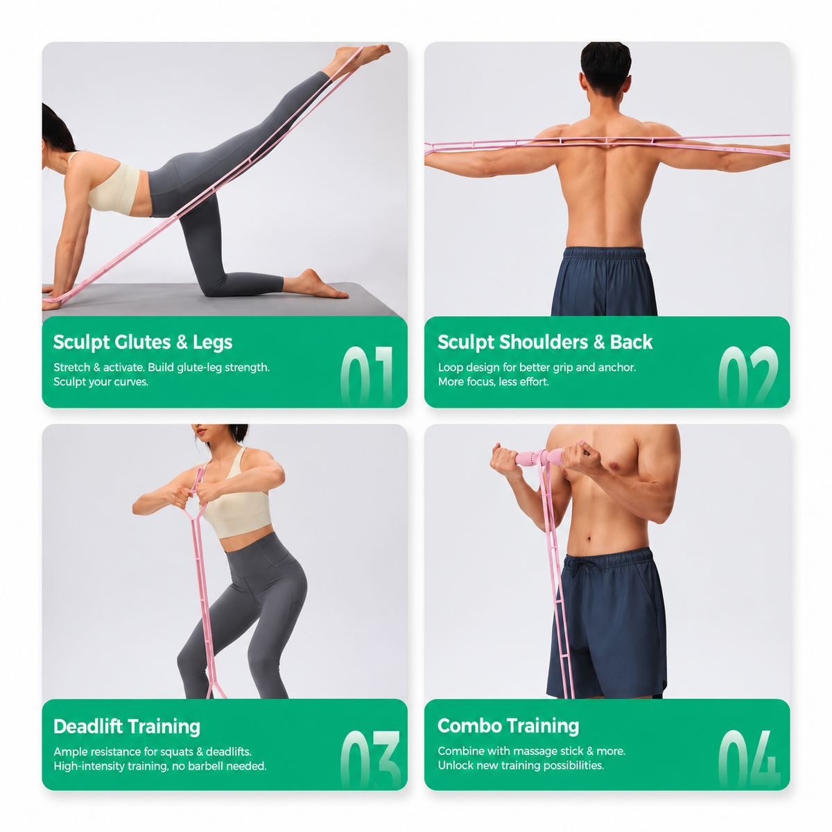 Four full-body exercises using the pink segmented resistance band