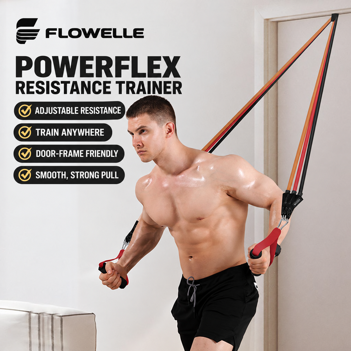 White male athlete using the Flowelle PowerFlex resistance band trainer with a door anchor