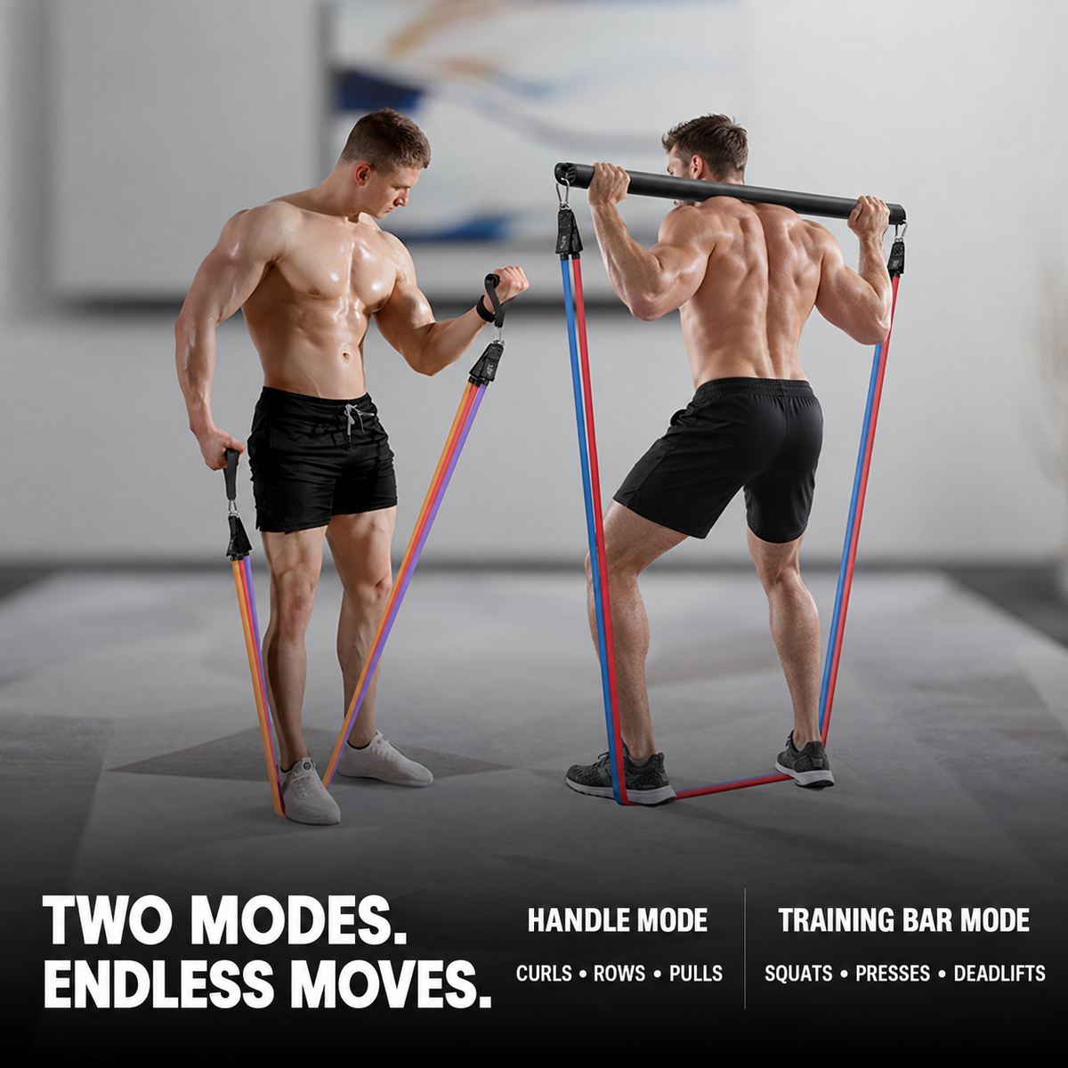 Two white male athletes demonstrating handle and training bar modes