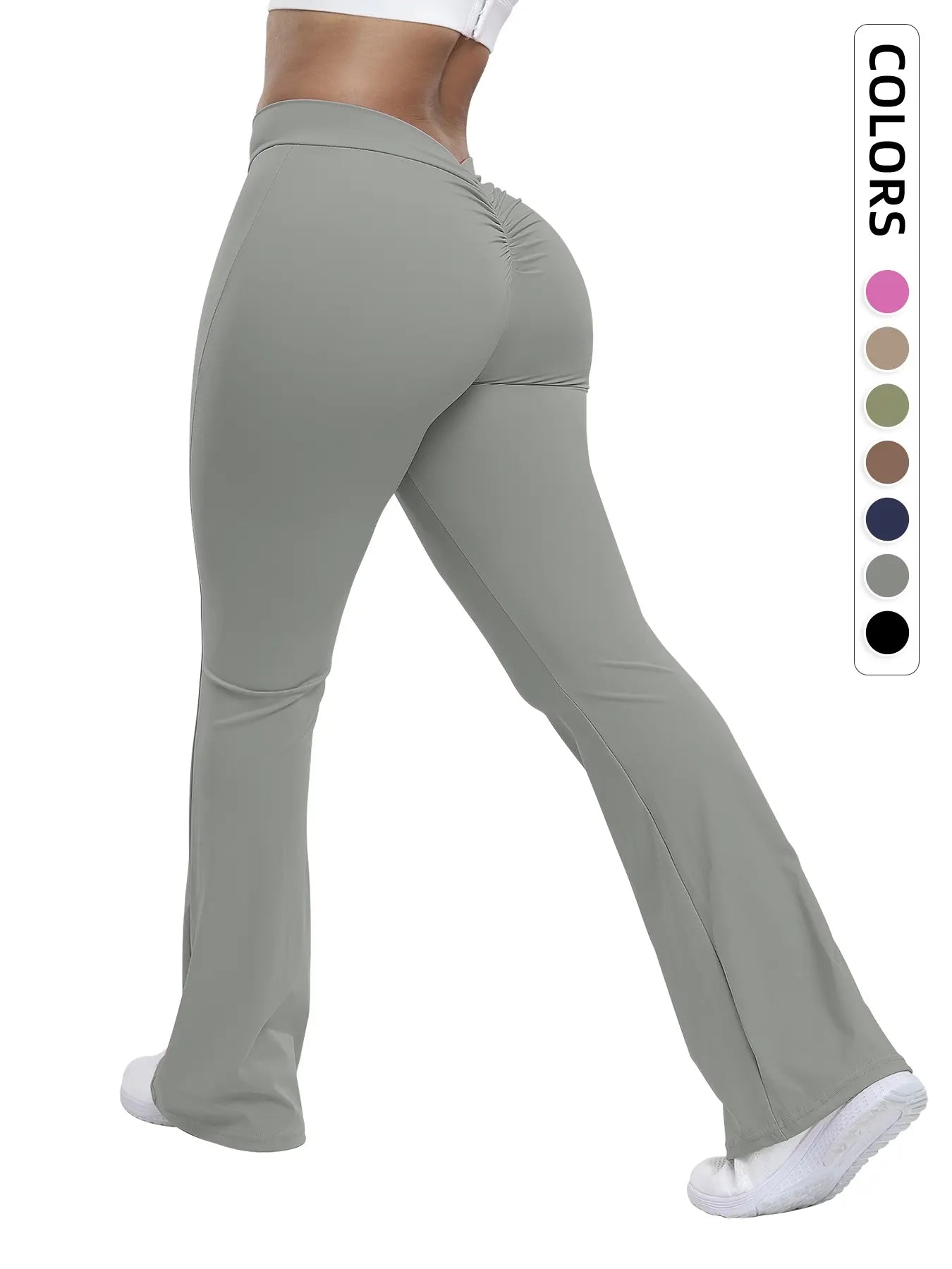 Flowelle Ruched Tummy-Control Flare Leggings - Grey