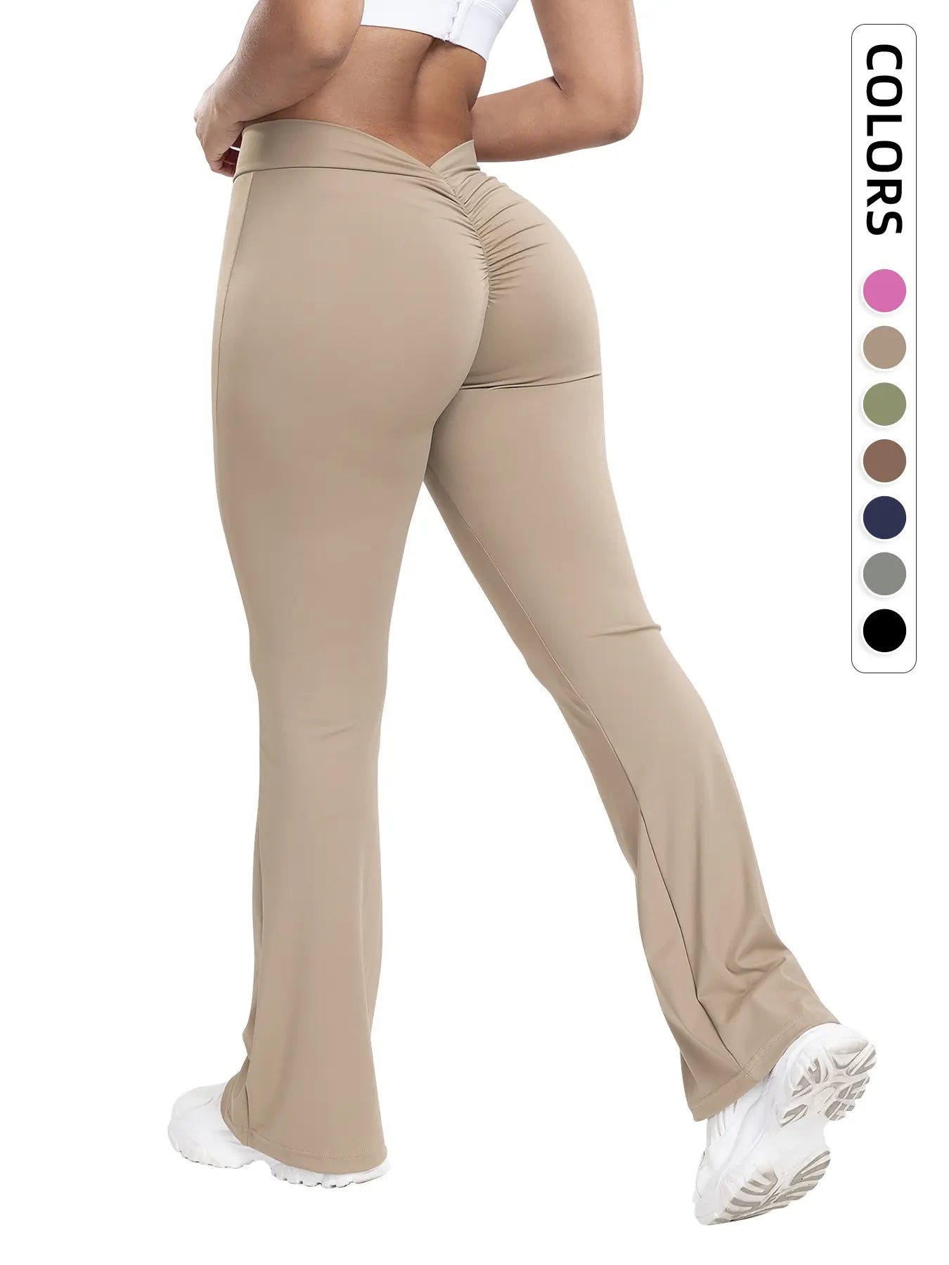 Flowelle Ruched Tummy-Control Flare Leggings - Khaki