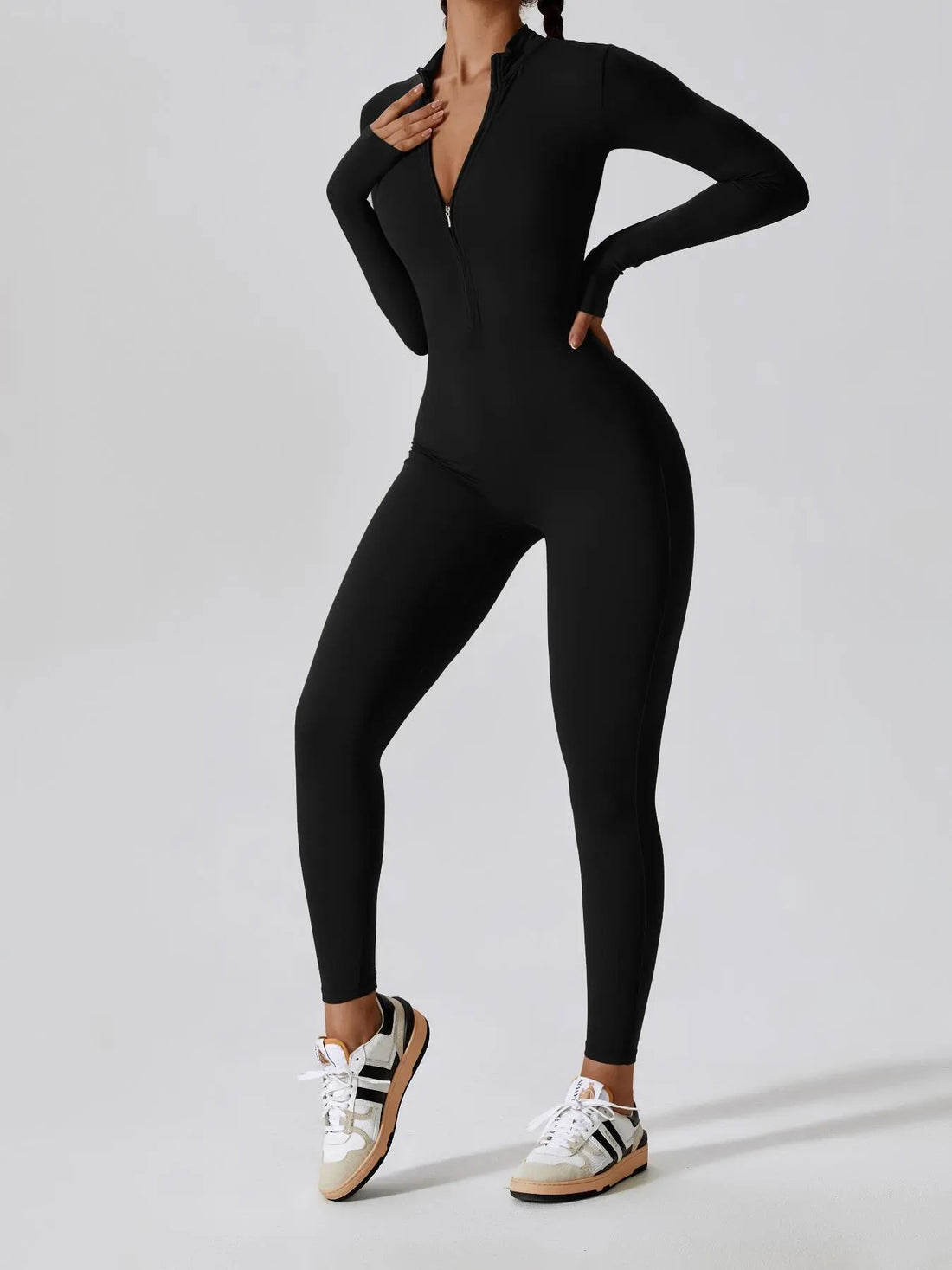 Flowelle Zip-Up Long-Sleeve Yoga Jumpsuit - Black