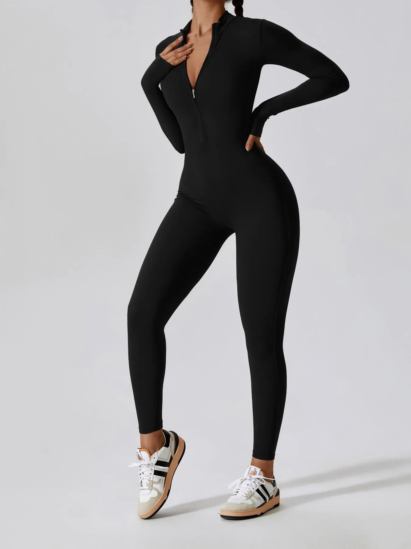 Flowelle Zip-Up Long-Sleeve Yoga Jumpsuit - Black