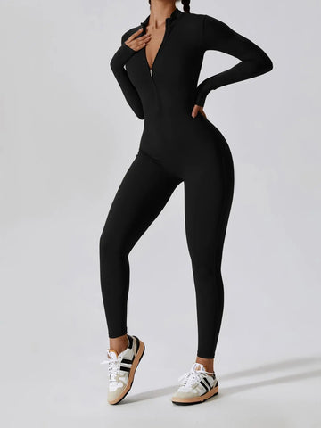 Flowelle Zip-Up Long-Sleeve Yoga Jumpsuit - Black