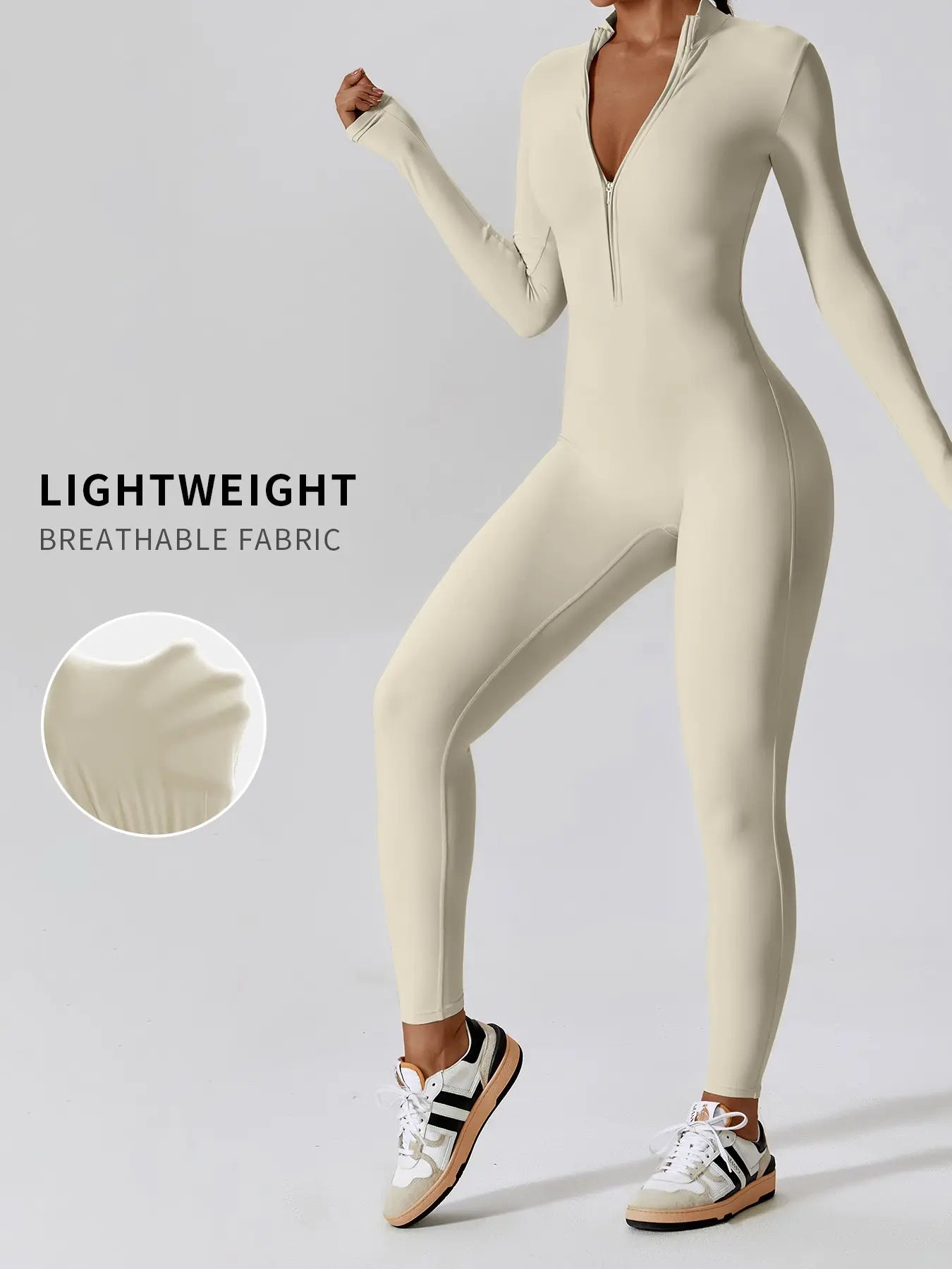 Flowelle Zip-Up Long-Sleeve Yoga Jumpsuit - Cream