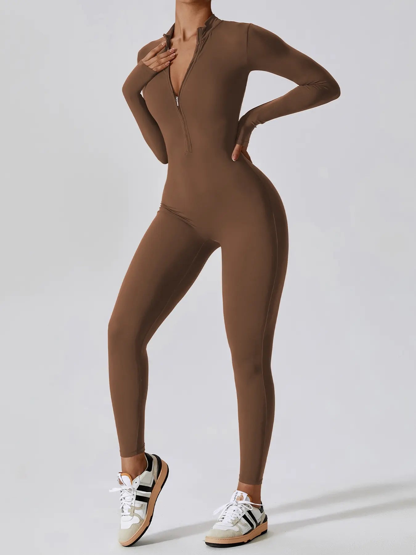 Flowelle Zip-Up Long-Sleeve Yoga Jumpsuit - Dark Brown