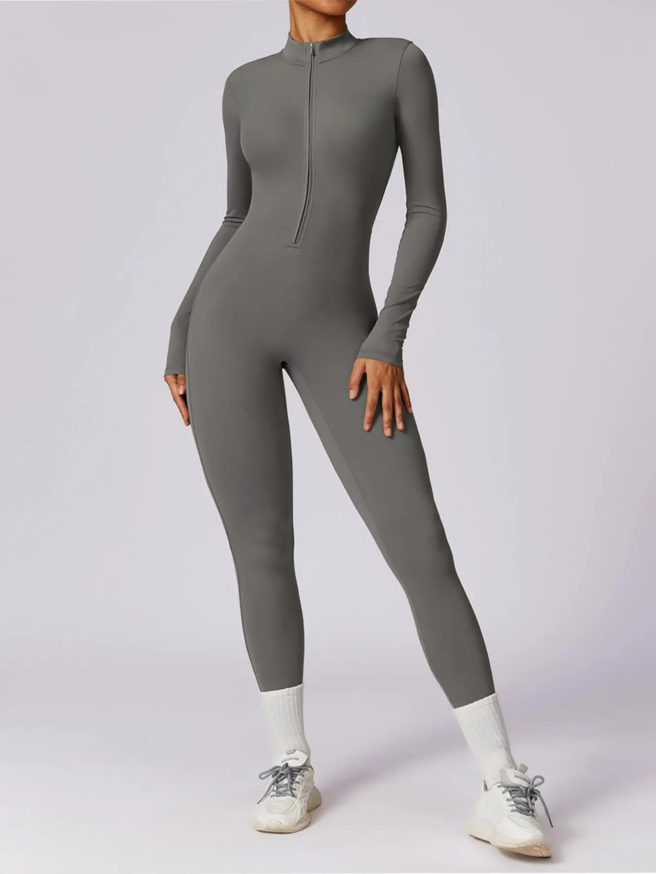 Flowelle Zip-Up Long-Sleeve Yoga Jumpsuit - Dark Gray