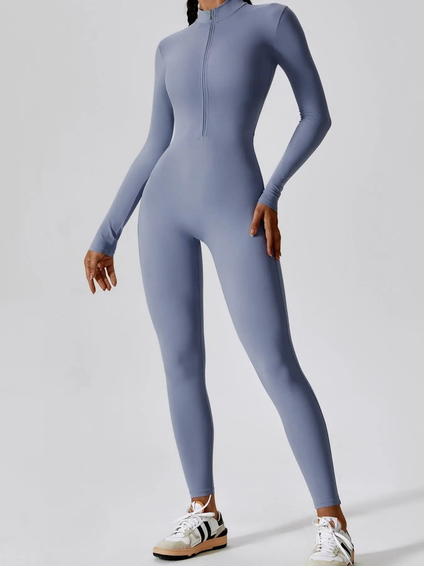 Flowelle Zip-Up Long-Sleeve Yoga Jumpsuit - Dusty Blue